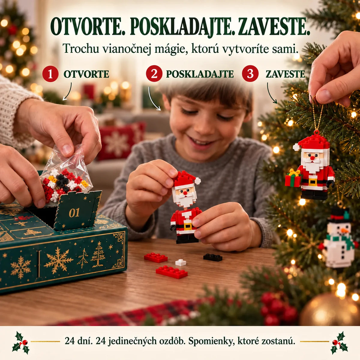 🎄 24-dňový adventný kalendár s mini stavebnicovými ozdobami – 24 jedinečných vianočných modelov