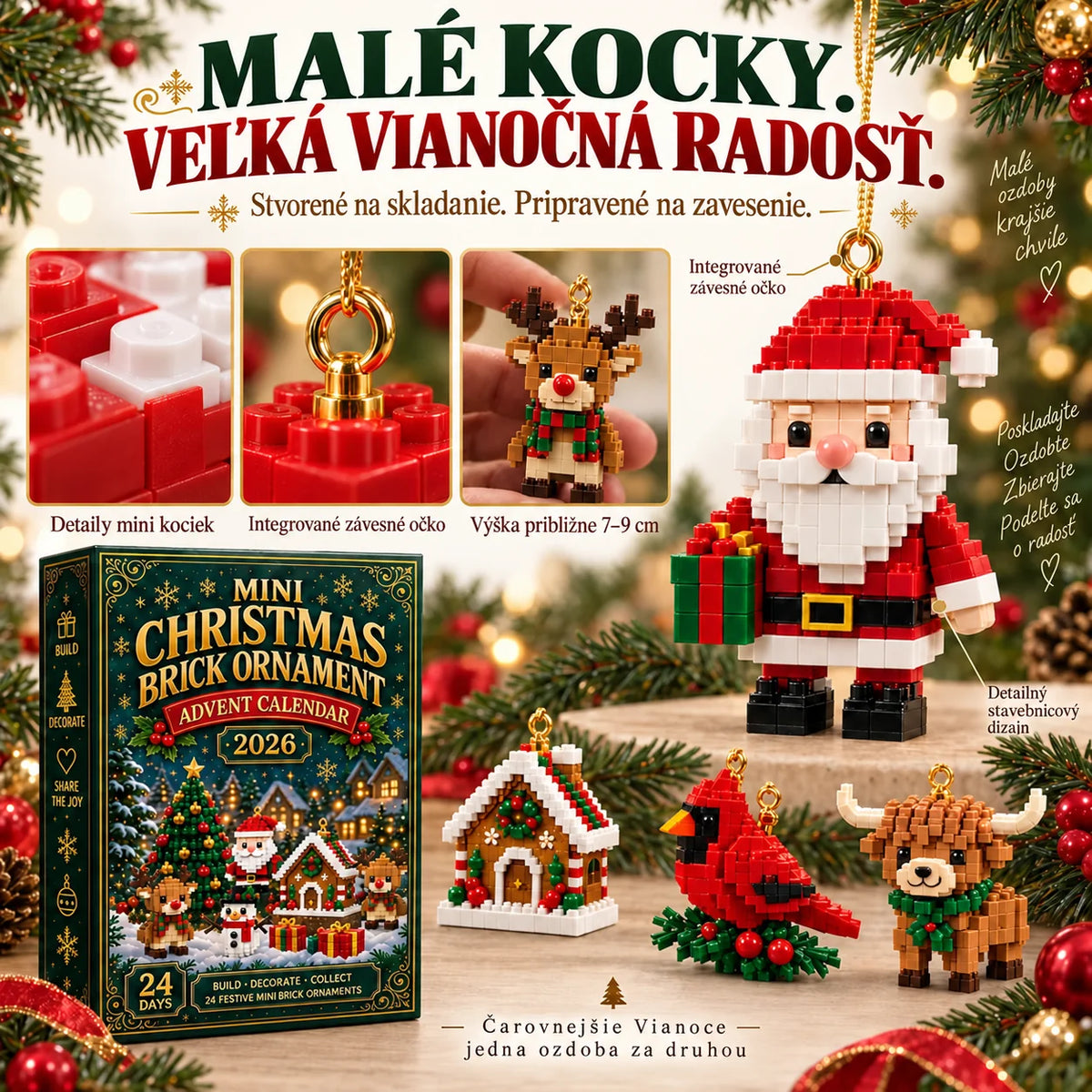 🎄 24-dňový adventný kalendár s mini stavebnicovými ozdobami – 24 jedinečných vianočných modelov