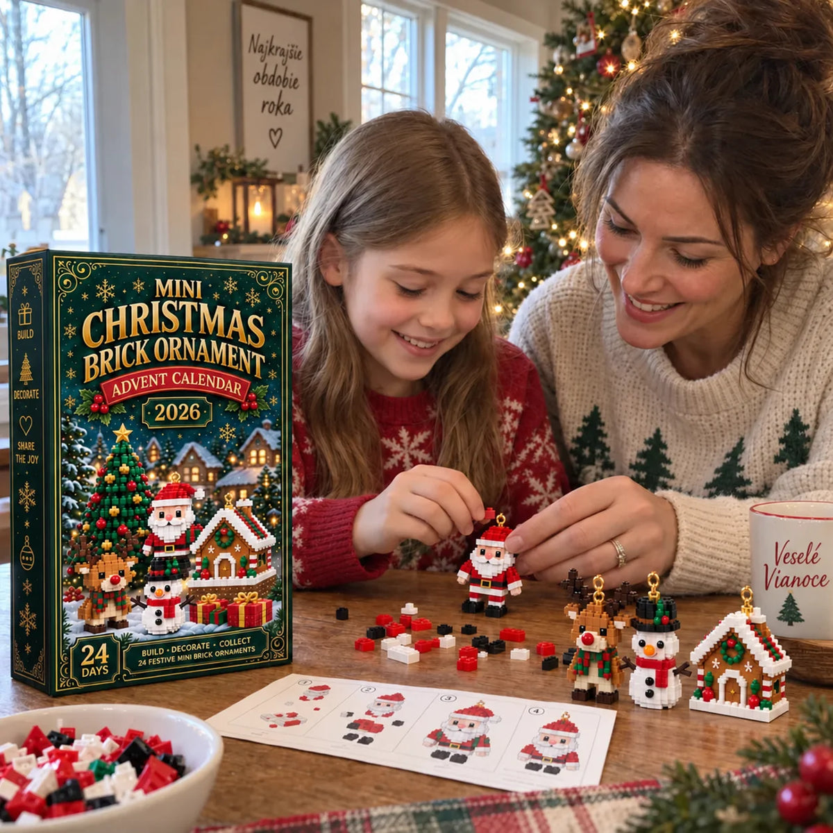 🎄 24-dňový adventný kalendár s mini stavebnicovými ozdobami – 24 jedinečných vianočných modelov