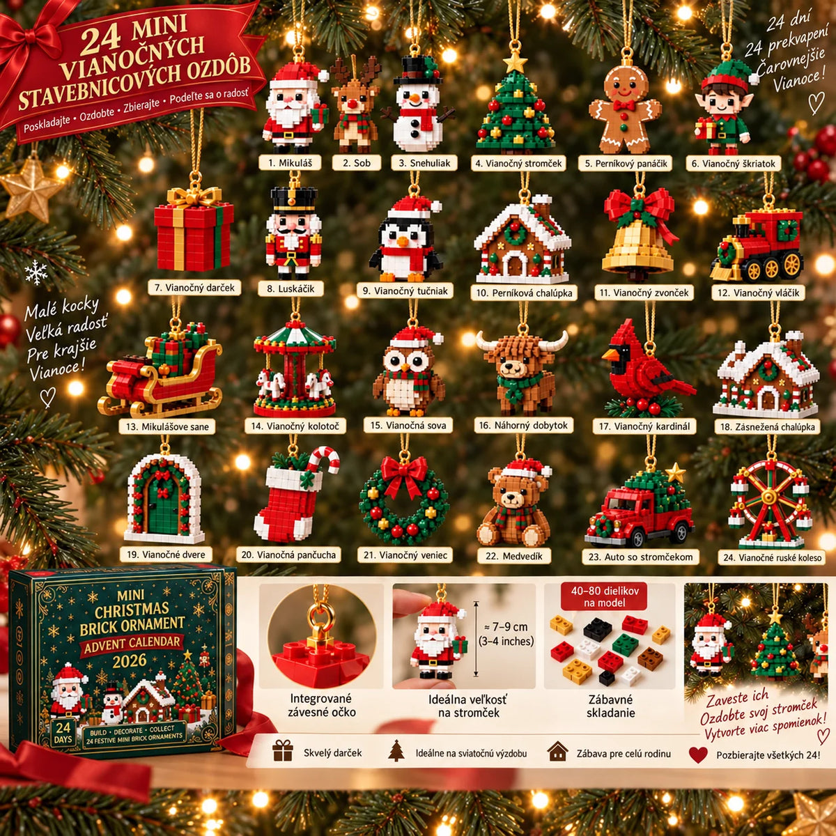 🎄 24-dňový adventný kalendár s mini stavebnicovými ozdobami – 24 jedinečných vianočných modelov