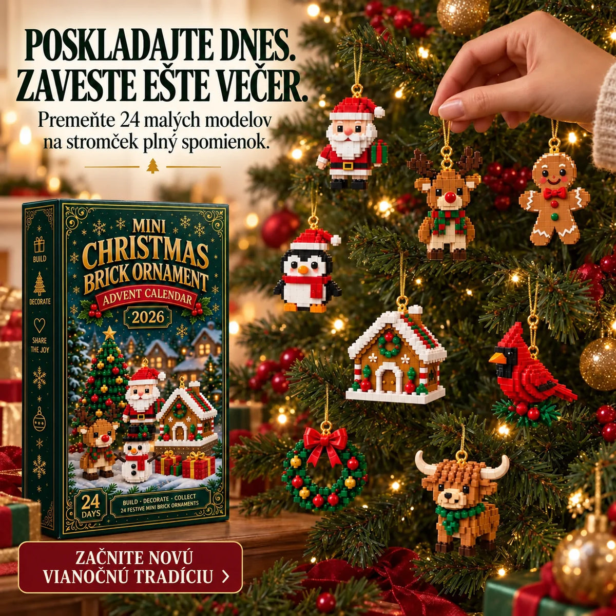 🎄 24-dňový adventný kalendár s mini stavebnicovými ozdobami – 24 jedinečných vianočných modelov
