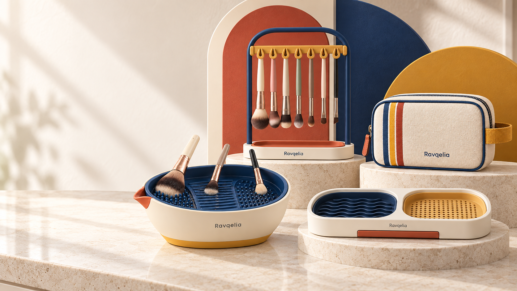 Ravqelia brush-care tools arranged on a bright beauty vanity