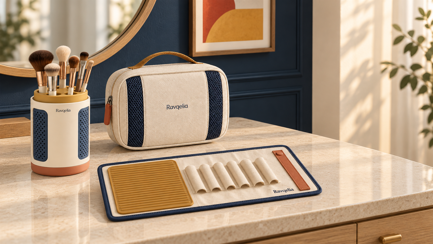 Ravqelia brush storage and travel tools on a modern vanity